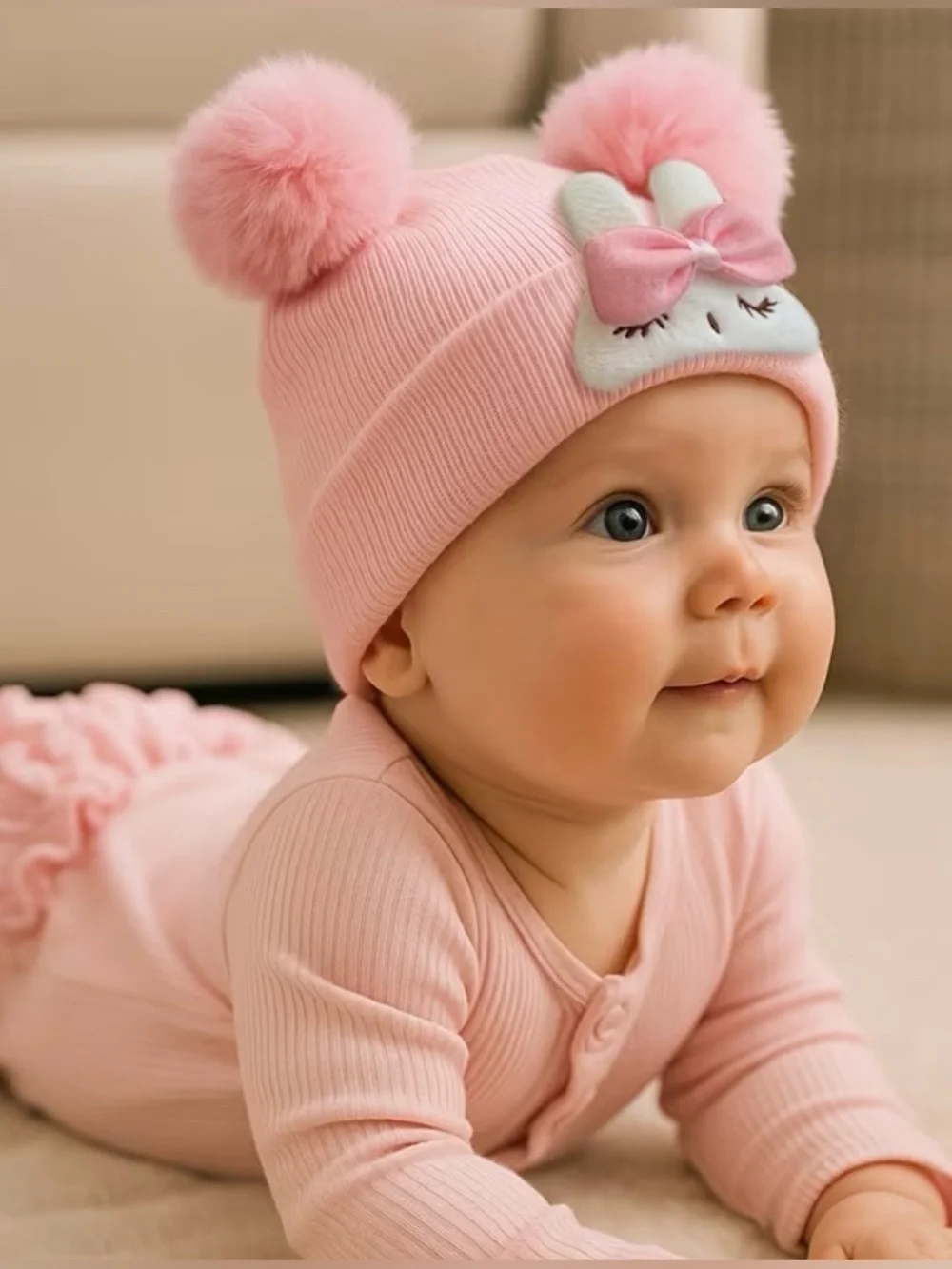 Pink Pom-Pom Bunny Knit Beanie Size 0-6 months